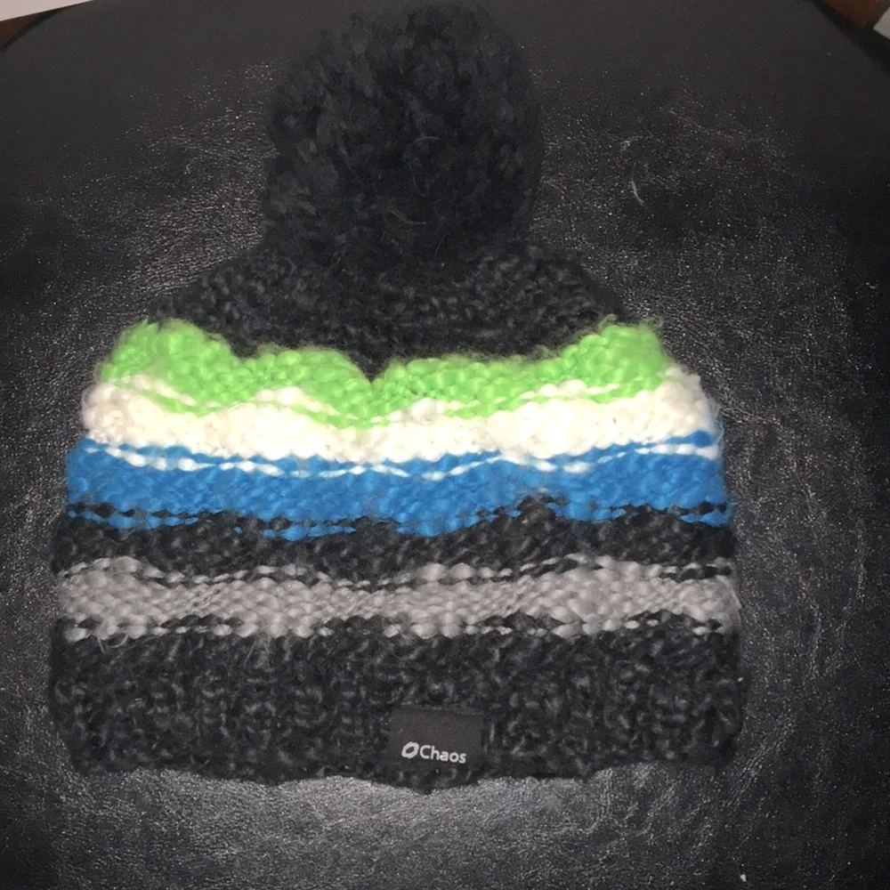 Chaos Pom Pom Winter hat EUC Black, Green, White and Gray striped